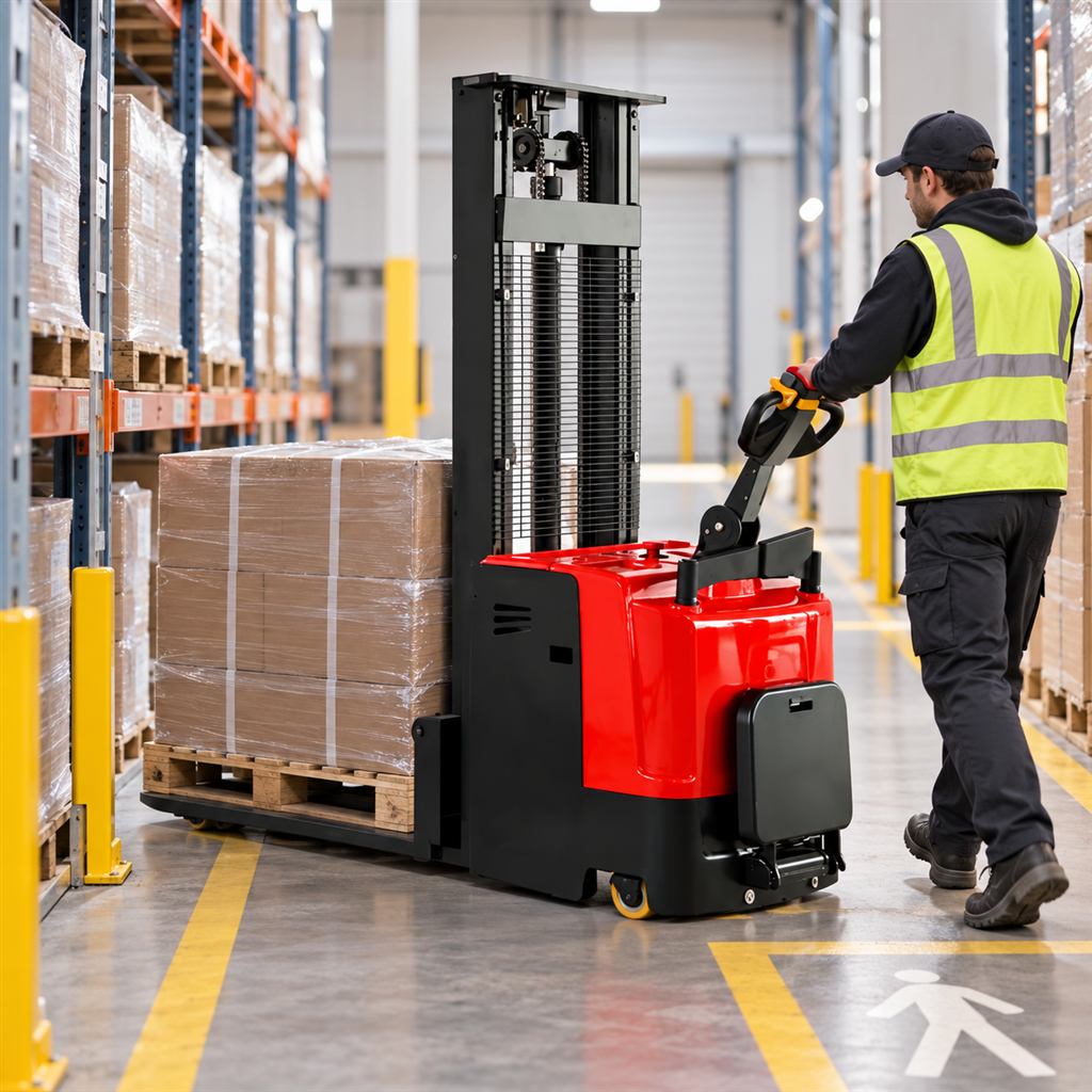 MYCDD-D standing electric stacker — Illustrative replenishment scene