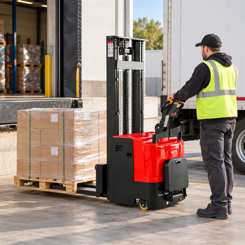 MYCDD-D standing electric stacker — Illustrative dispatch scene