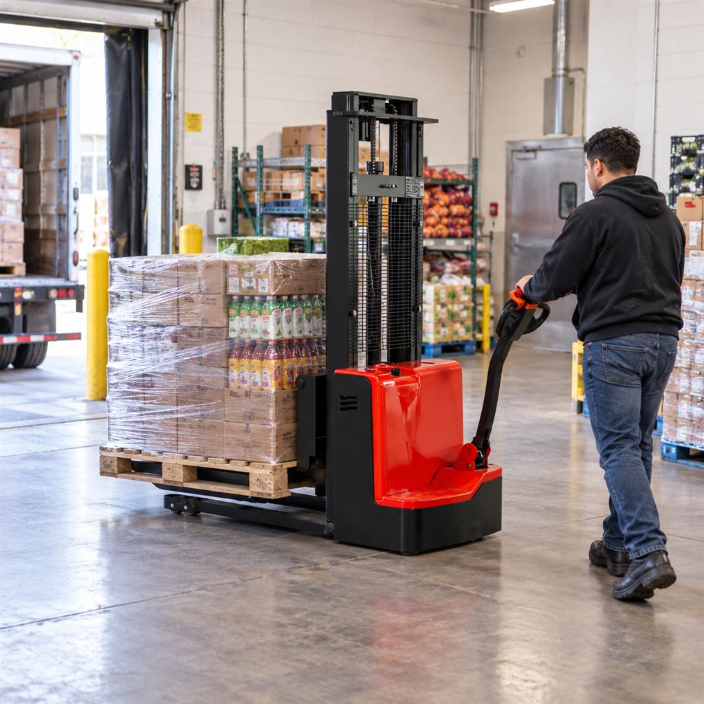 Mingyu CDD-A walkie electric stacker — Illustrative warehouse storage scene