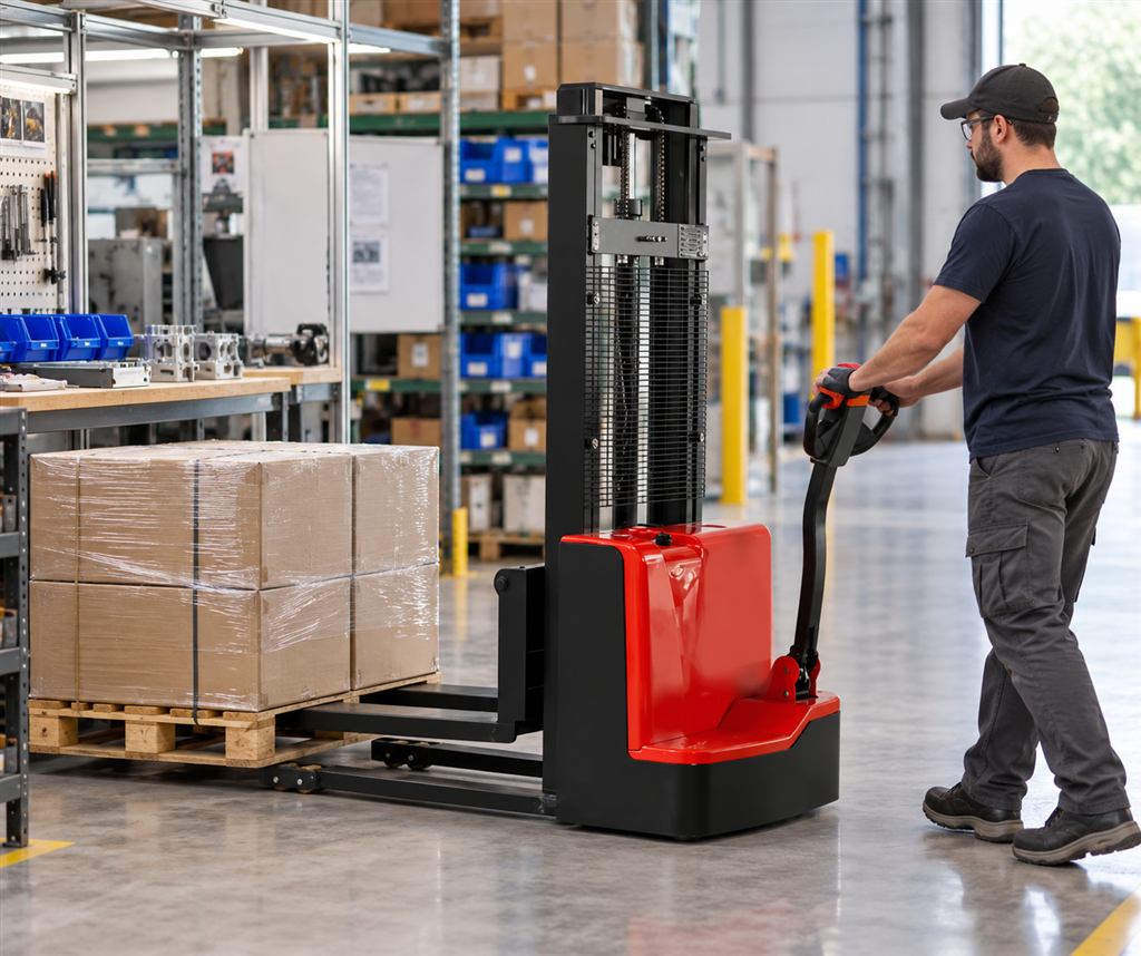 Mingyu CDD-A walkie electric stacker — Illustrative replenishment scene