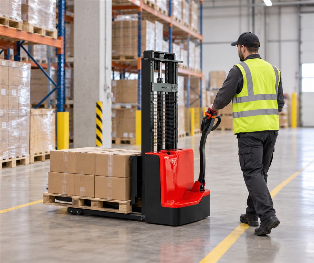 Mingyu CDD-A walkie electric stacker — Illustrative dispatch scene