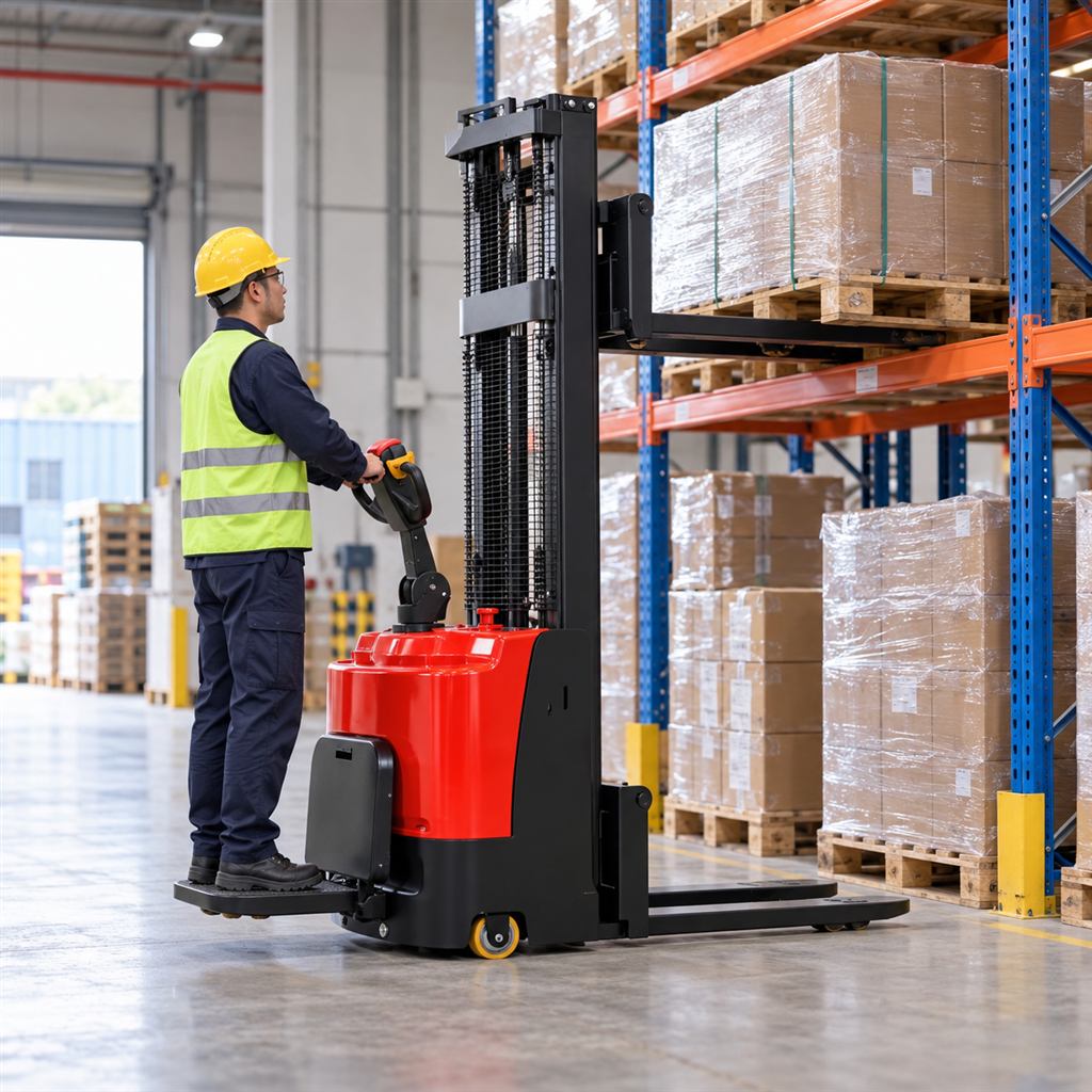 MYCDD-G economical stand-on electric stacker — Illustrative warehouse storage scene