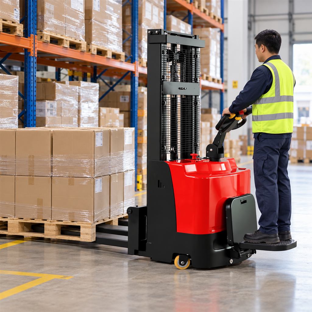 MYCDD-G economical stand-on electric stacker — Illustrative replenishment scene