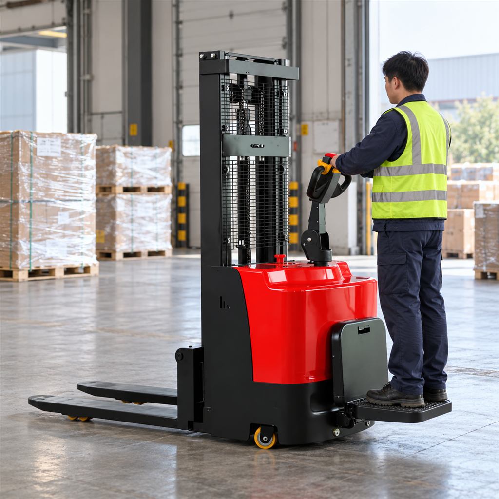 MYCDD-G economical stand-on electric stacker — Illustrative dispatch scene