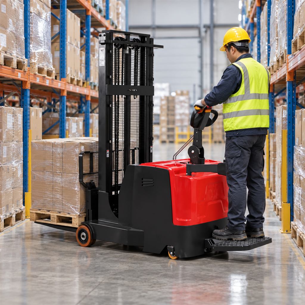 MYCPDB08-10 short-axis counterbalanced electric stacker — Illustrative warehouse storage scene