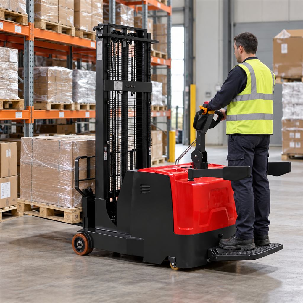 MYCPDB08-10 short-axis counterbalanced electric stacker — Illustrative replenishment scene