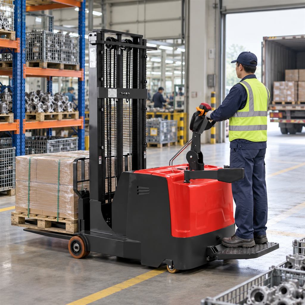 MYCPDB08-10 short-axis counterbalanced electric stacker — Illustrative dispatch scene