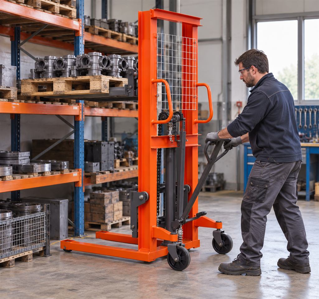 MYZG CTY manual hydraulic stacker — Illustrative warehouse storage scene