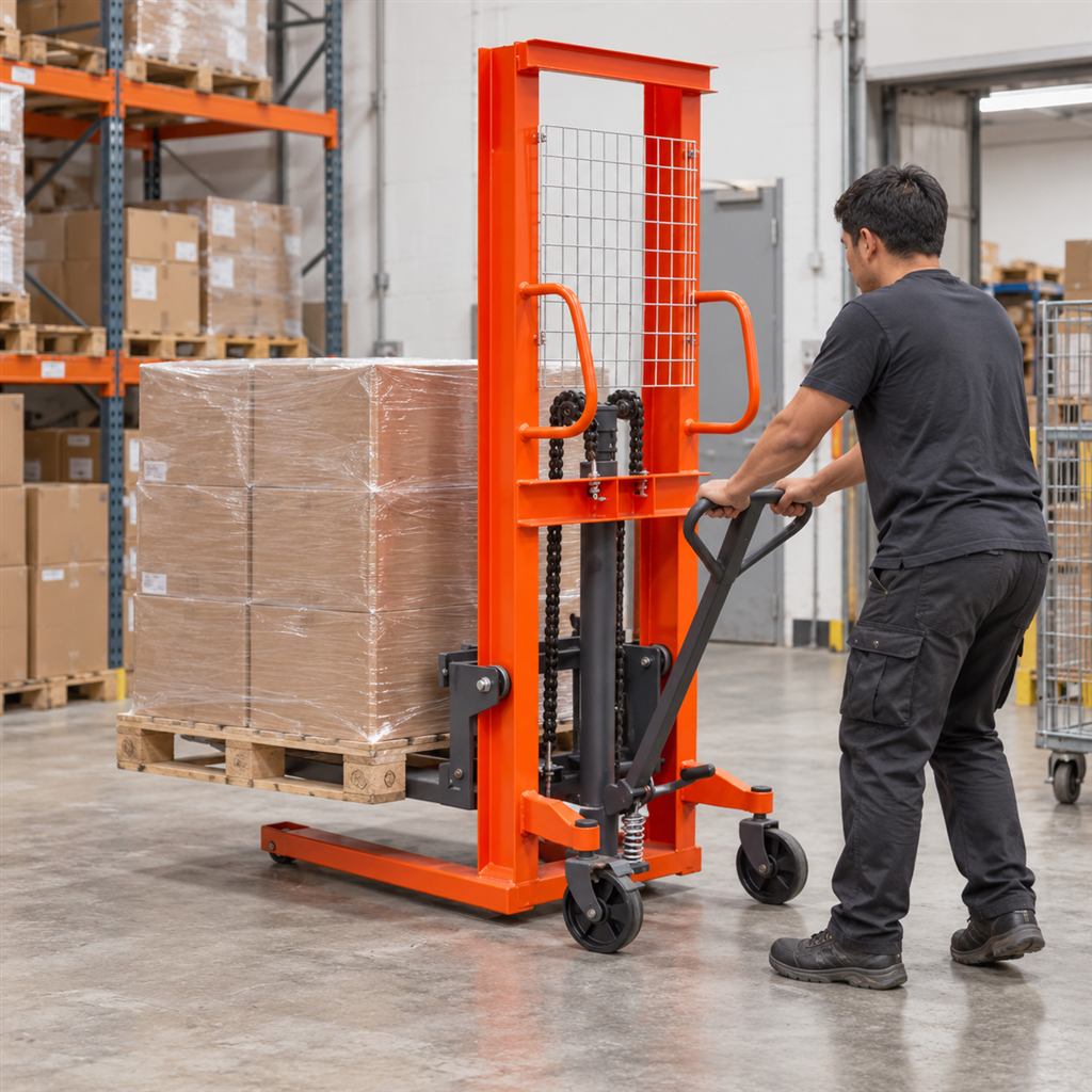 MYZG CTY manual hydraulic stacker — Illustrative replenishment scene