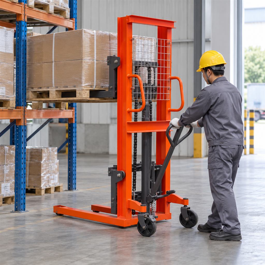 MYZG CTY manual hydraulic stacker — Illustrative dispatch scene