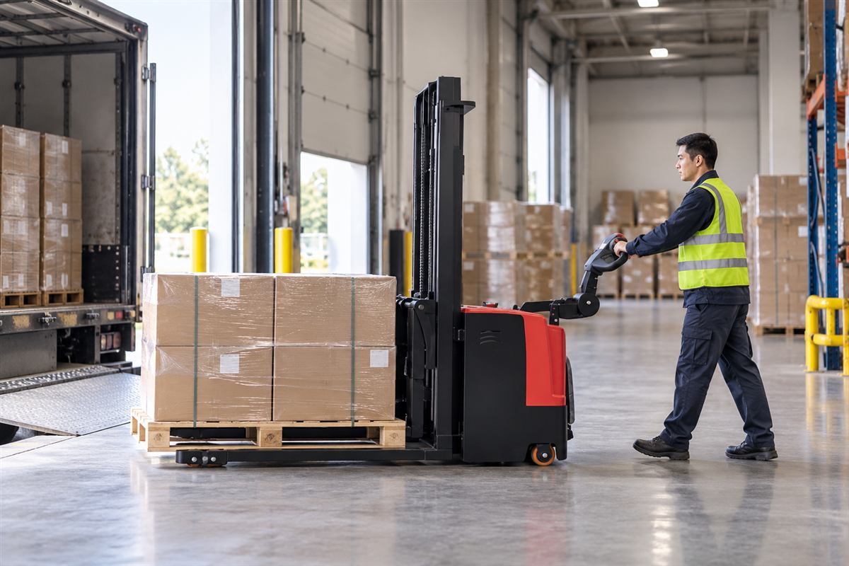 pedestrian electric walkie stacker — Illustrative warehouse storage scene