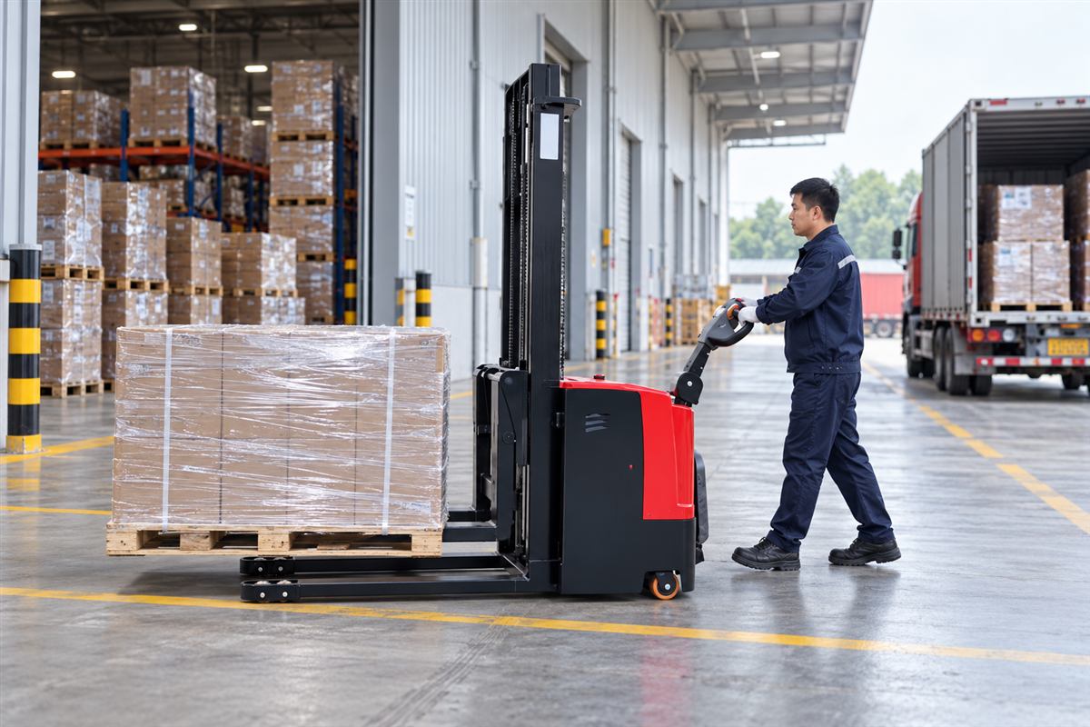 pedestrian electric walkie stacker — Illustrative dispatch scene