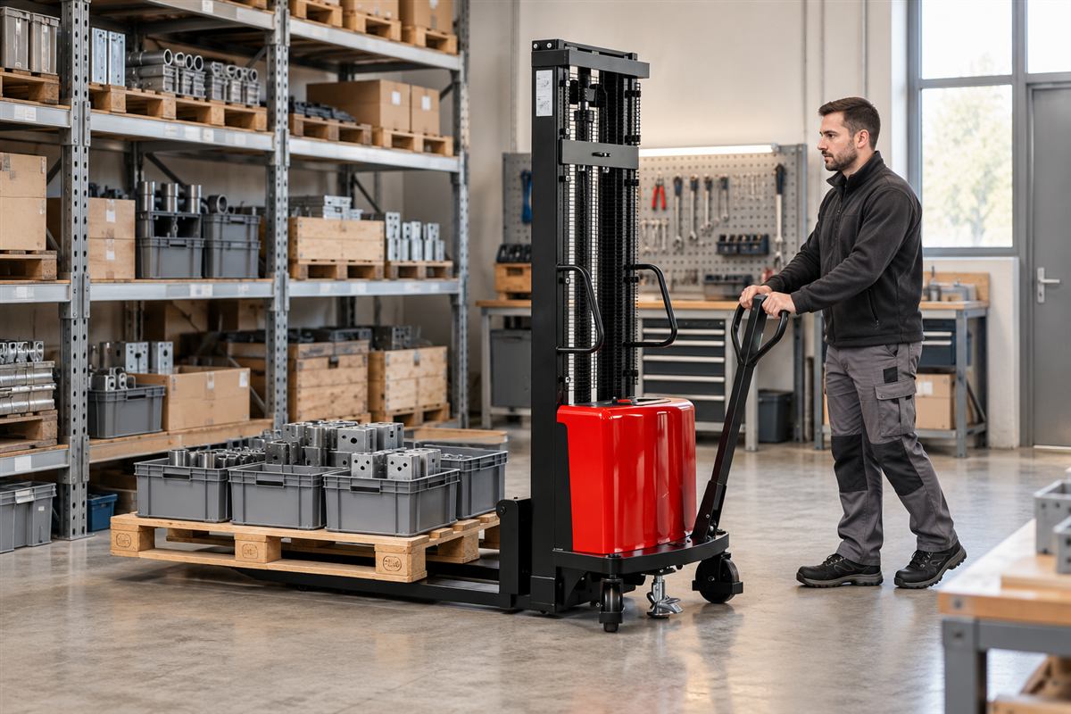 semi-electric walk-behind pallet stacker — Illustrative warehouse storage scene