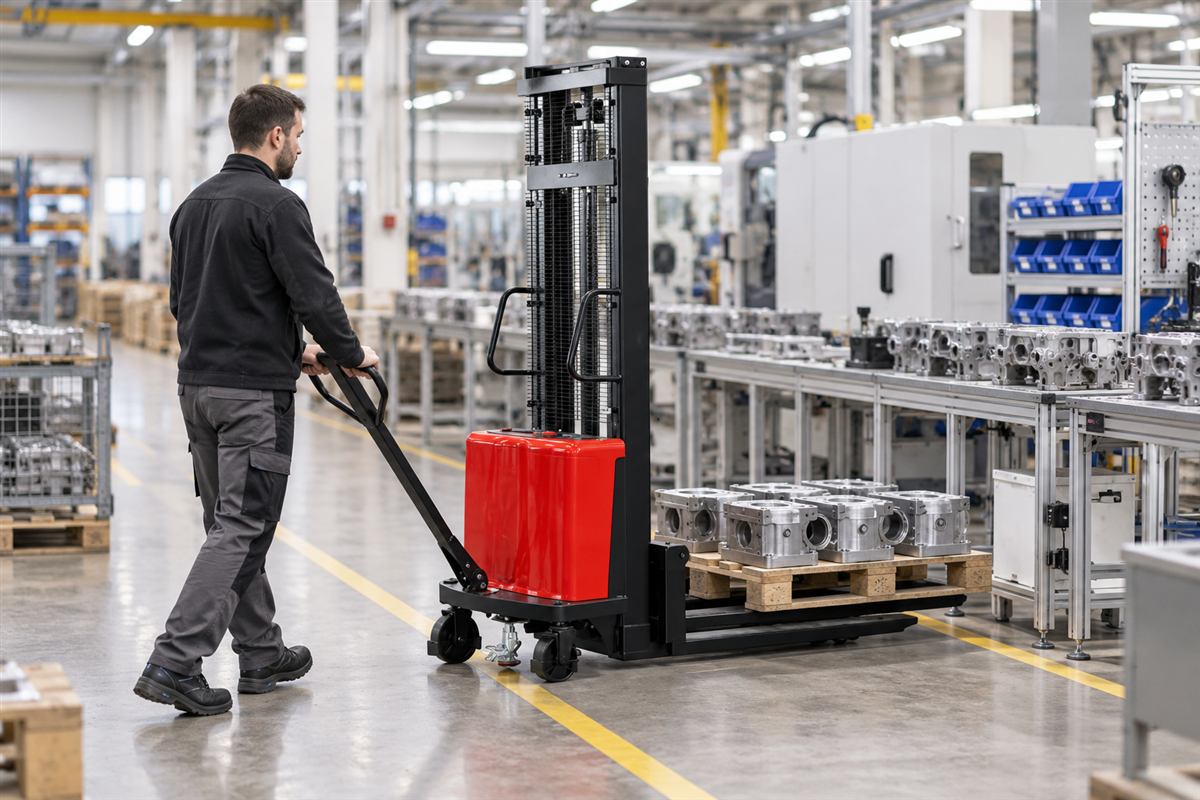 semi-electric walk-behind pallet stacker — Illustrative replenishment scene