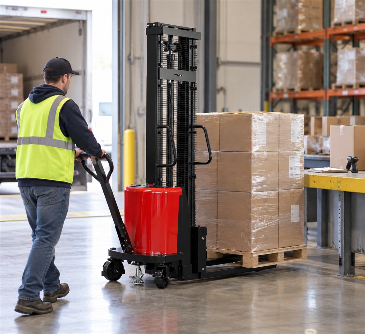 semi-electric walk-behind pallet stacker — Illustrative dispatch scene