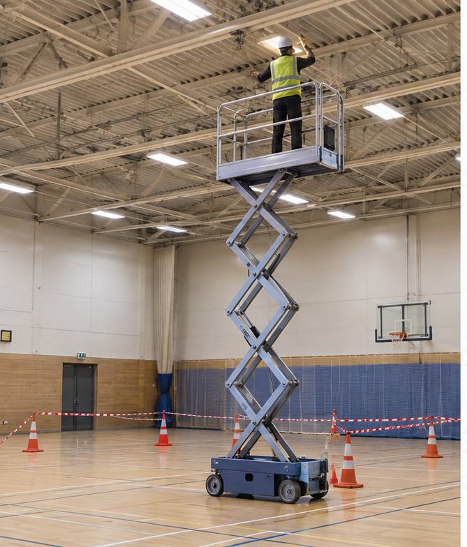ZGFORKLIFT / MYZG Electric Mobile Scissor Lift Platform — Inventory cycle-count and retail fit-out access plan workplace scene 1