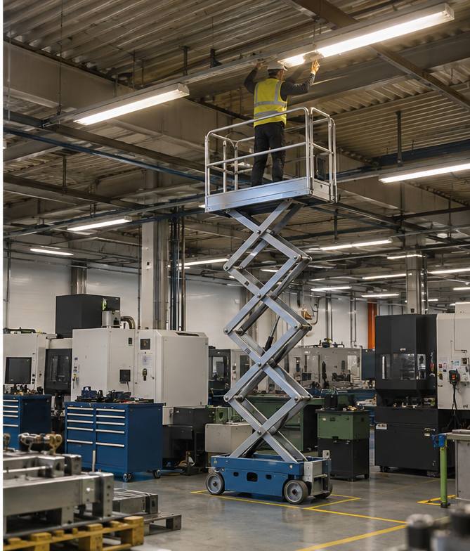 ZGFORKLIFT / MYZG Electric Mobile Scissor Lift Platform — Inventory cycle-count and retail fit-out access plan workplace scene 3