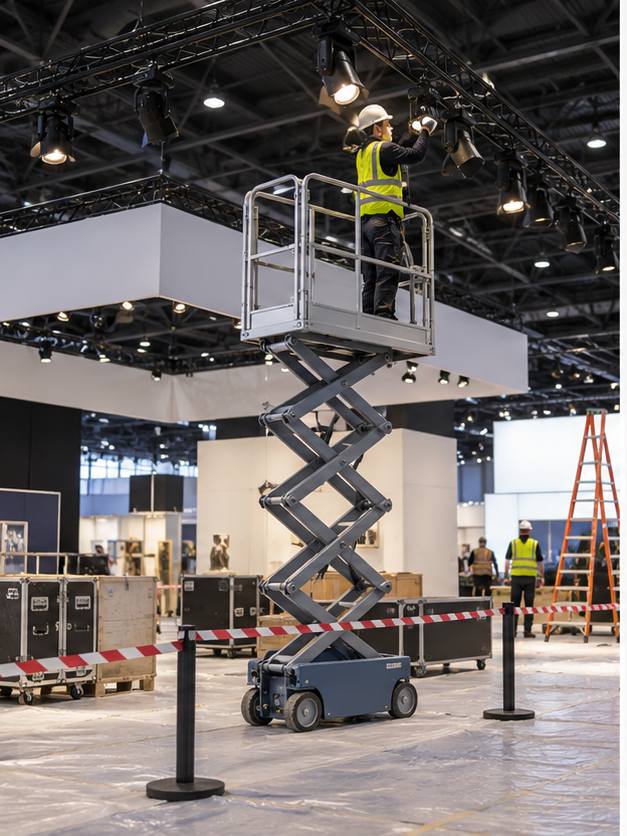 ZGFORKLIFT / MYZG Electric Mobile Scissor Lift Platform — Exhibition hall, museum gallery and food-plant maintenance plan workplace scene 1