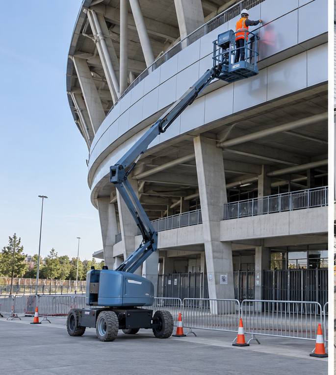 ZGFORKLIFT / MYZG ZG-QB16 Articulating Boom Lift — Stadium facade, roof drainage and shipyard sprinkler inspection route workplace scene 1