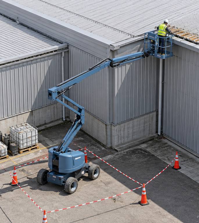 ZGFORKLIFT / MYZG ZG-QB16 Articulating Boom Lift — Stadium facade, roof drainage and shipyard sprinkler inspection route workplace scene 2