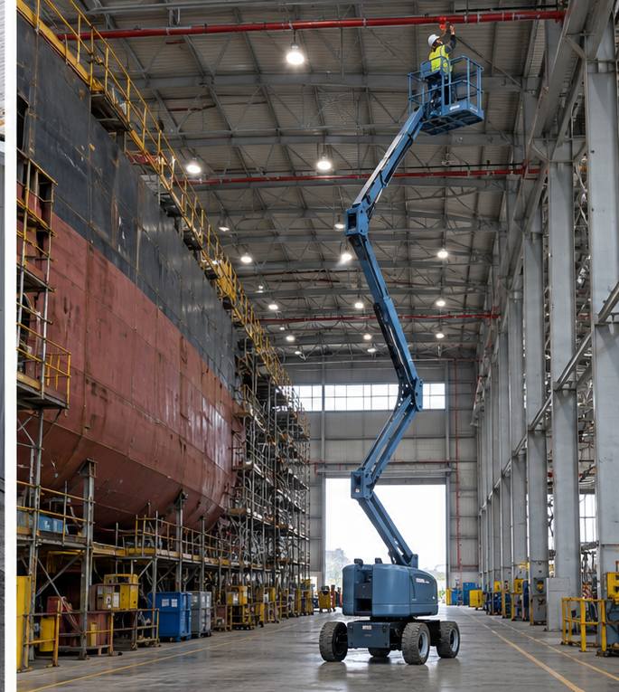 ZGFORKLIFT / MYZG ZG-QB16 Articulating Boom Lift — Stadium facade, roof drainage and shipyard sprinkler inspection route workplace scene 3