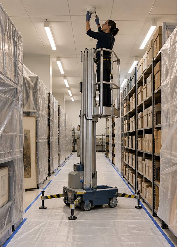ZGFORKLIFT / MYZG ZG-DZ-06CD Single-Mast Aluminum Alloy Lift — Archive aisle, university laboratory and convention venue vertical access plan workplace scene 1