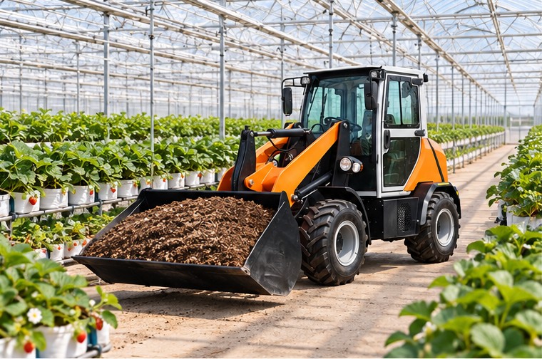 ZGLOADER electric wheel loader in a greenhouse access and material-handling scene 1