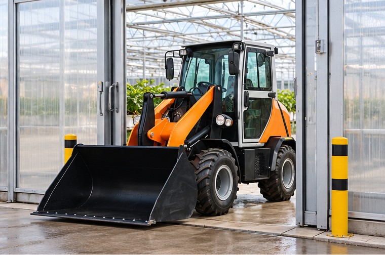 ZGLOADER electric wheel loader in a greenhouse access and material-handling scene 2