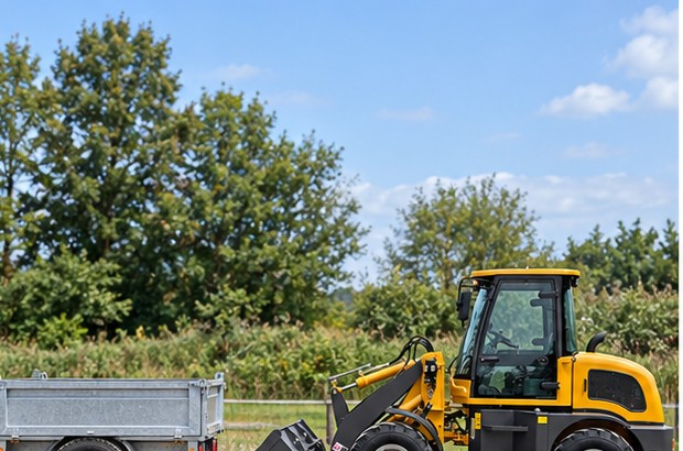 ZGLOADER MYZG ZL16 European-style wheel loader approaching a trailer on level ground
