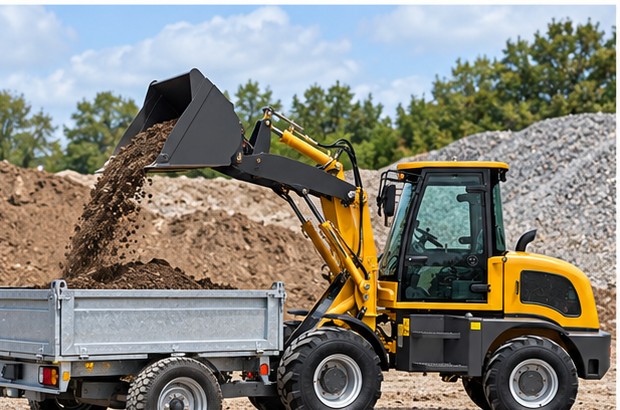 Compact wheel loader positioned to discharge material into a trailer bed