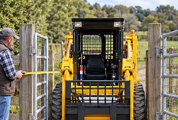 MYZG JC60 skid steer loader measured at a farm gate with attachment lowered