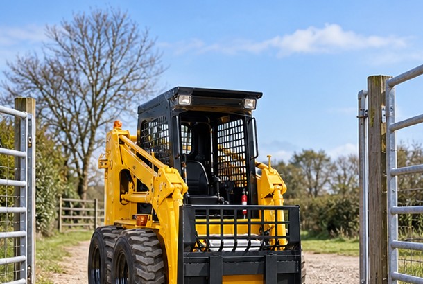 JC60 loader and front forks approaching a wide service gate for clearance review