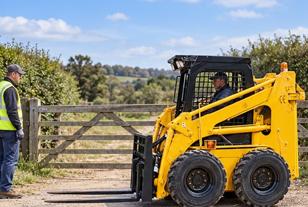 Stationary skid steer loader beside a gate while a spotter checks the route