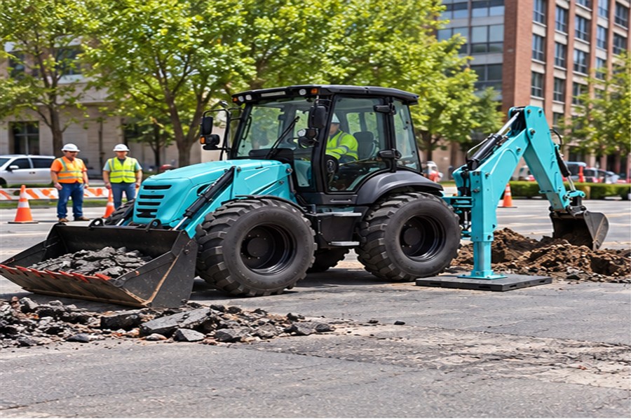 MYZG backhoe loader on an urban asphalt repair site with rear stabilizer support visible