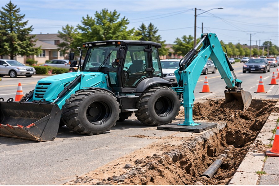 WZ30-25 backhoe loader parked beside a utility trench with traffic cones