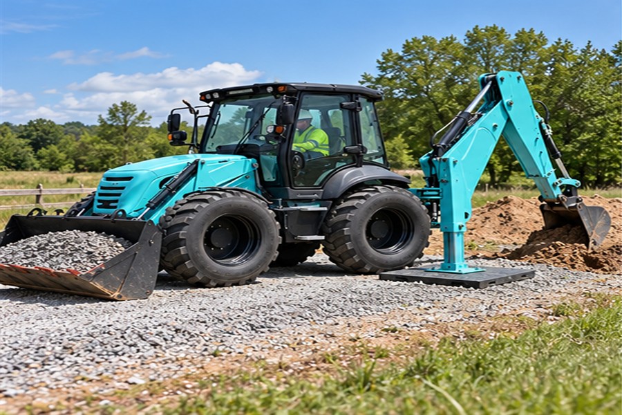 Backhoe loader on compacted gravel shoulder with a load-spreading mat