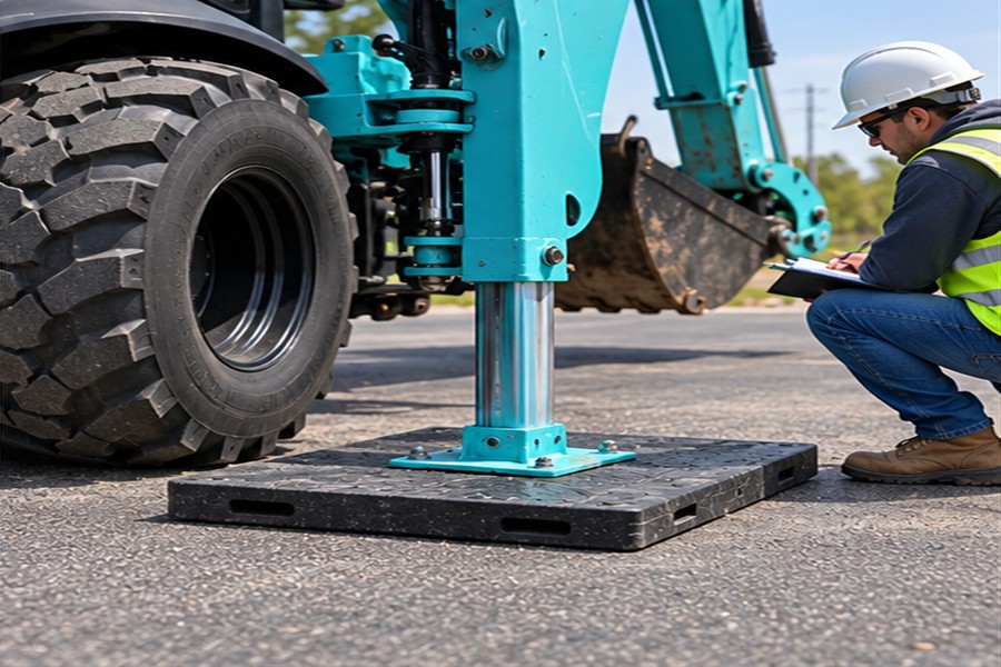 Close view of stabilizer foot and protective plate on pavement during site inspection