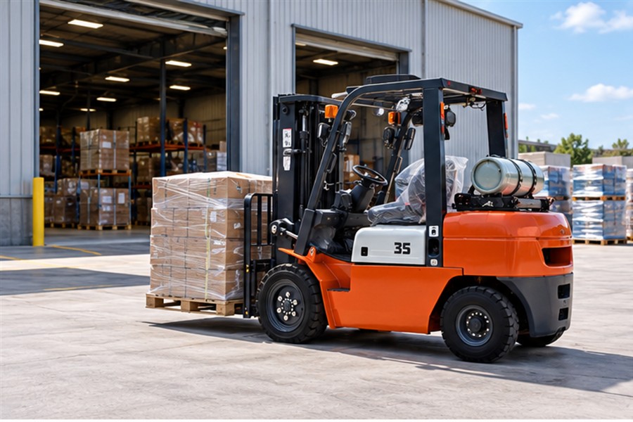 CPC35 LPG forklift carrying a pallet between the outdoor yard and an open warehouse dock