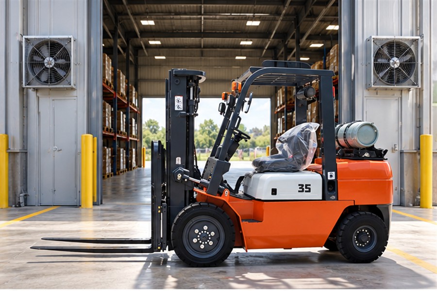 CPC35 forklift at a ventilated warehouse threshold with doors open for route review