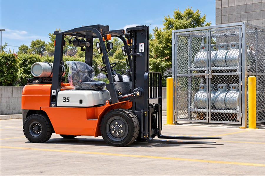 LPG forklift parked beside a secured outdoor cylinder storage area