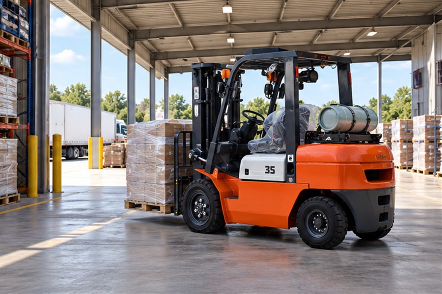 Dual-fuel forklift moving a pallet through an open-sided covered loading bay