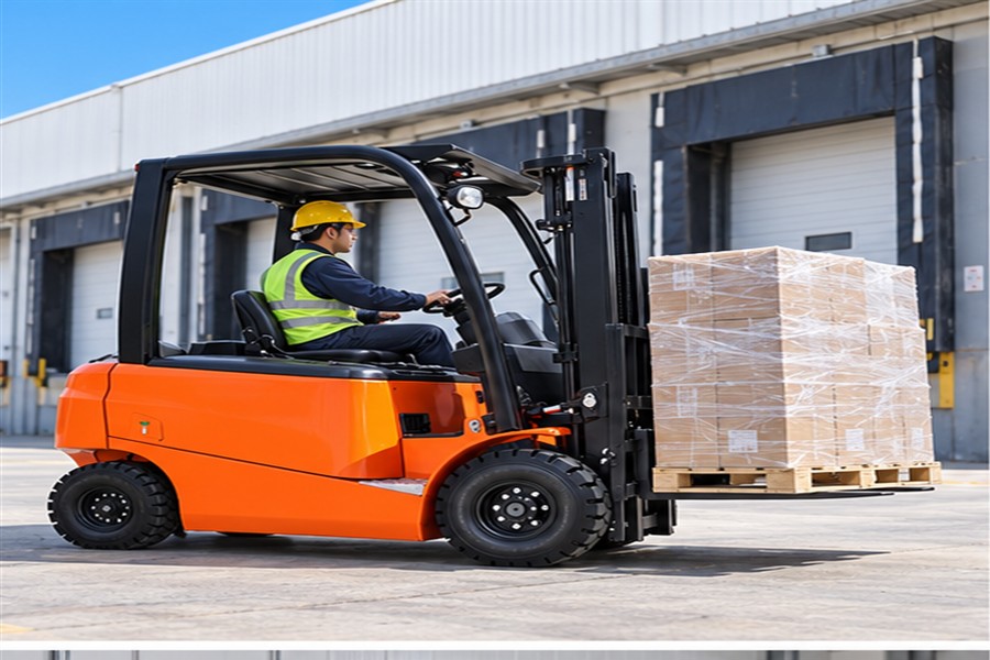 MYZG CPD20 lithium forklift carrying a pallet at the ambient receiving dock outside cold storage