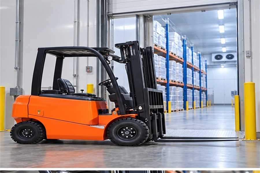 CPD20 forklift stopped at the insulated cold-room threshold during route planning