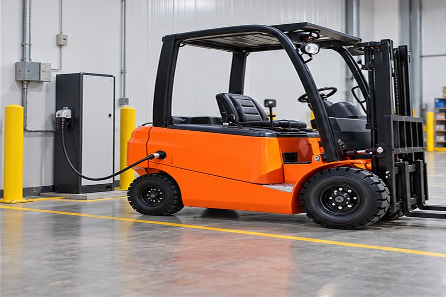 Lithium forklift in a normal-temperature charging area beside a cold store