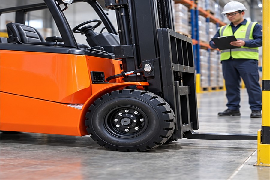 Buyer reviewing CPD20 forklift tire and aisle clearances in a warehouse