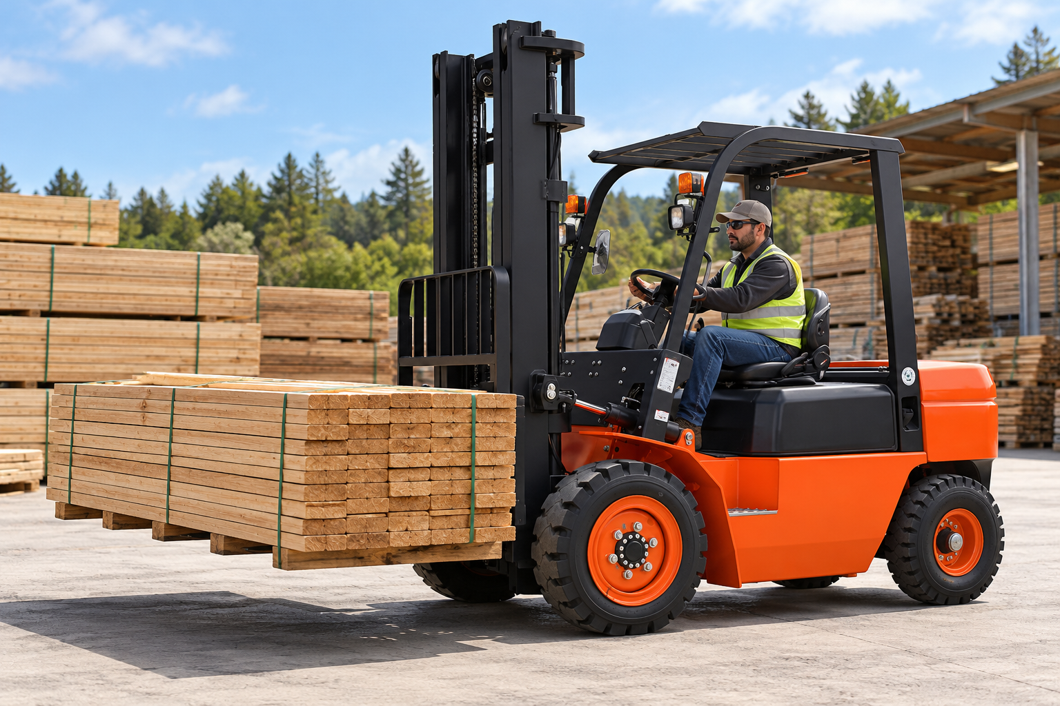 MYZG-style diesel forklift positioning a long pallet at a receiving area