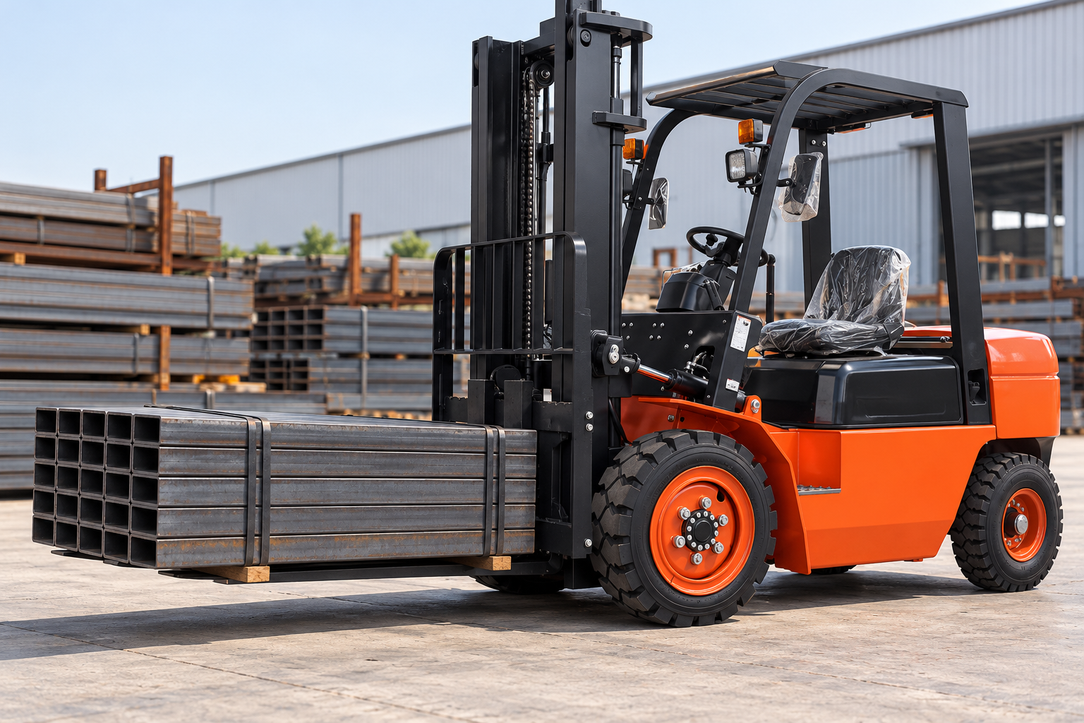 Close view of forklift forks supporting a long bundled industrial load