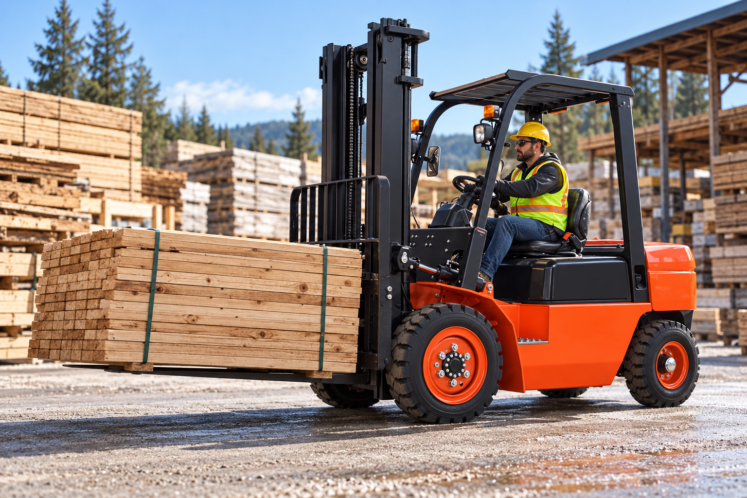 Diesel forklift moving strapped lumber in an outdoor yard