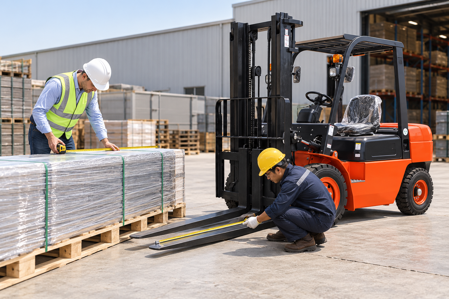 Buyer and technician checking fork dimensions beside a forklift