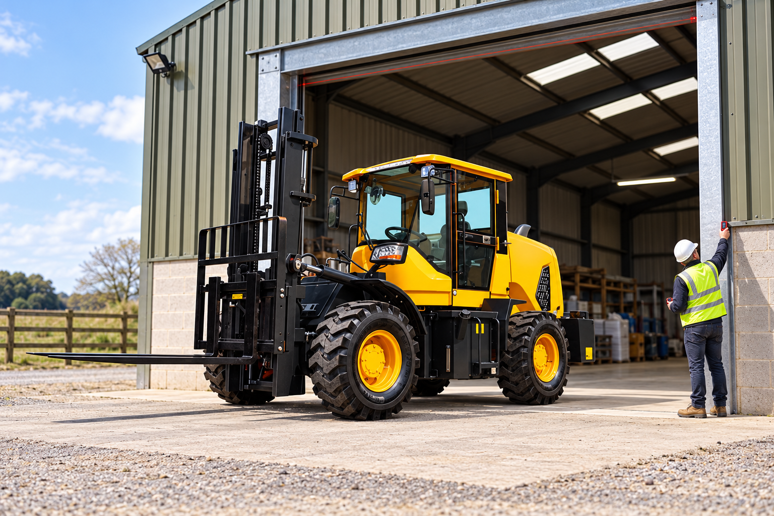 DY26-3T rough-terrain forklift being measured at a workshop entrance